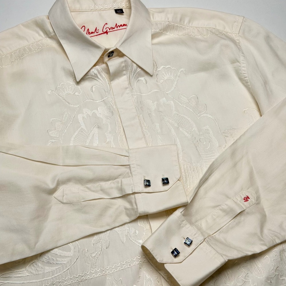 Robert Graham White Embroidered Dress Shirt Large Long Sleeve Button Down Luxe